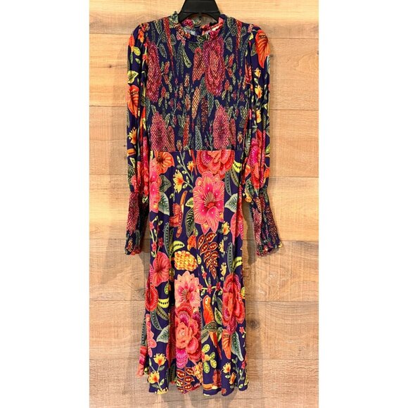 FARM Rio Macaw Bloom Floral Smocked Mock Neck Juliet Sleeve Dress size M - Picture 4 of 11